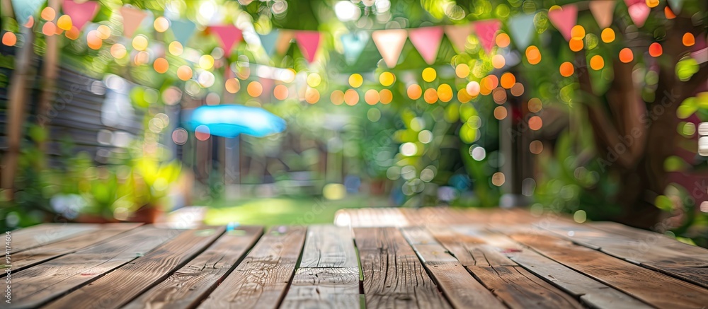Poster An empty wooden table set up in a backyard party scenario with festive bunting decorations in the background ideal as a copy space image