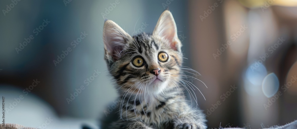 Poster a small adorable kitten with bright yellow eyes lounging and gazing sideways set against a blurred b