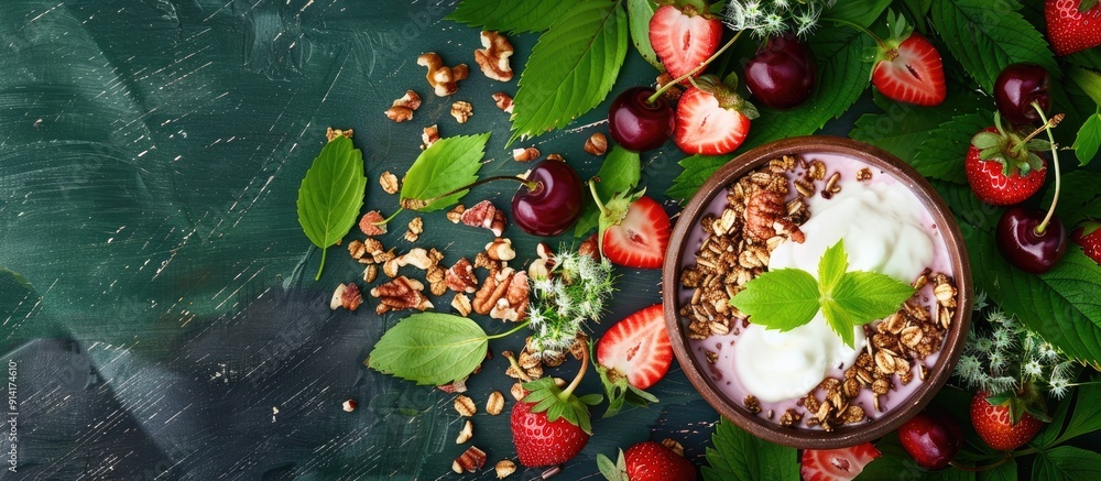 Poster vegetarian breakfast bowl with granola strawberries cherries nuts and yogurt set against a backdrop 