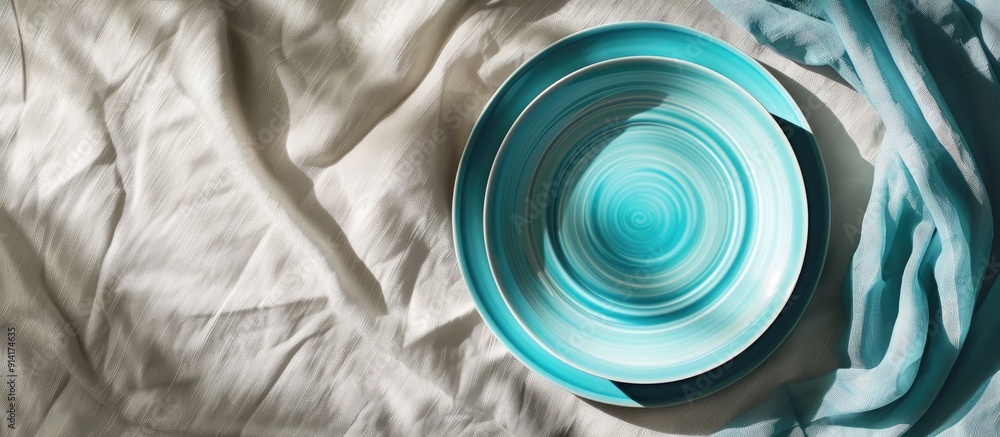 Fototapete top view of an empty blue plate on a tablecloth with a napkin and copy space image for your design