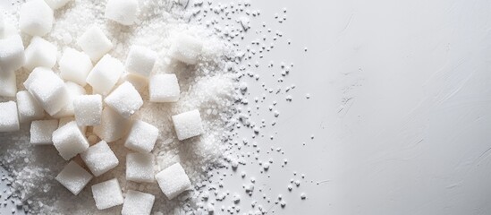 Refined white lump sugar on a white background with copy space image