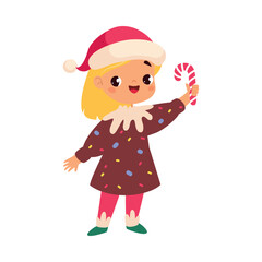 Girl Character in Gingerbread Costume Celebrate Christmas Holiday at Winter Vector Illustration
