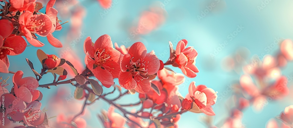 Poster vivid red japanese quince flowers set against the backdrop of the sky on a flowering shrub the image
