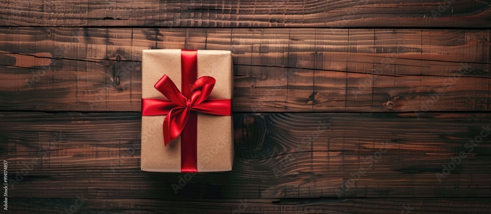 Poster Wooden backdrop showcasing a gift box tied with a red ribbon viewed from above with ample copy space image