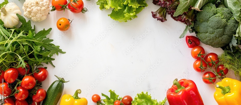 Poster Various fresh vegetables creating a frame on a white background suitable for copy space image