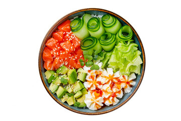 Hawaiian salmon poke bowl with avocado, Top view, white background