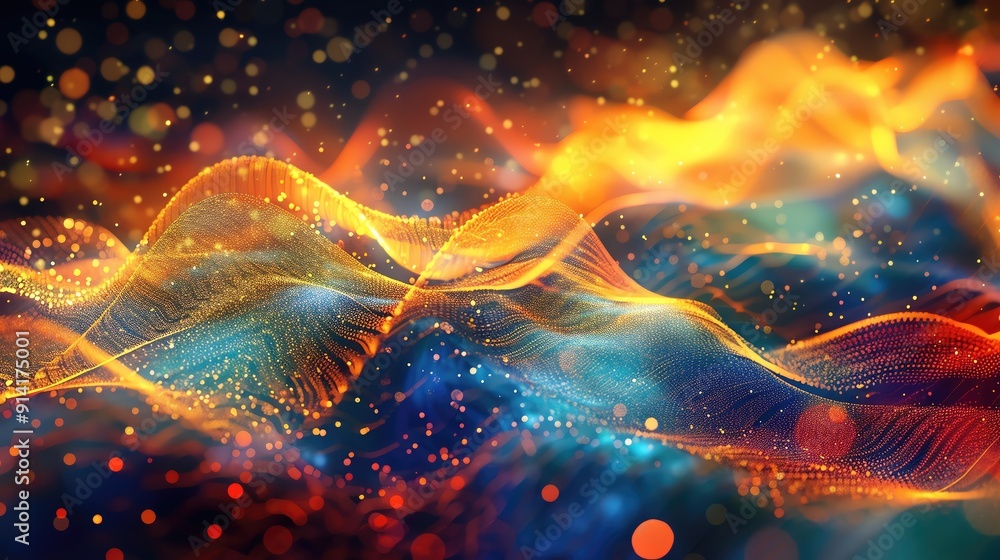 Poster a vibrant abstract wave pattern combines warm and cool colors, creating a dynamic and mesmerizing vi