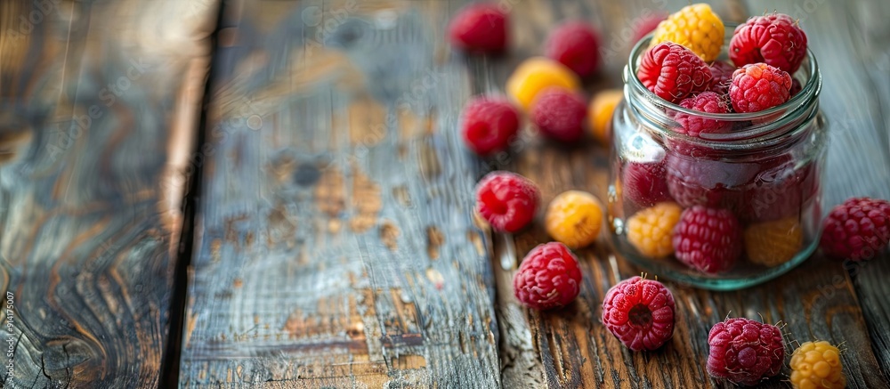 Poster Red and yellow raspberries in a glass jar on a rustic wooden surface with ample copy space image