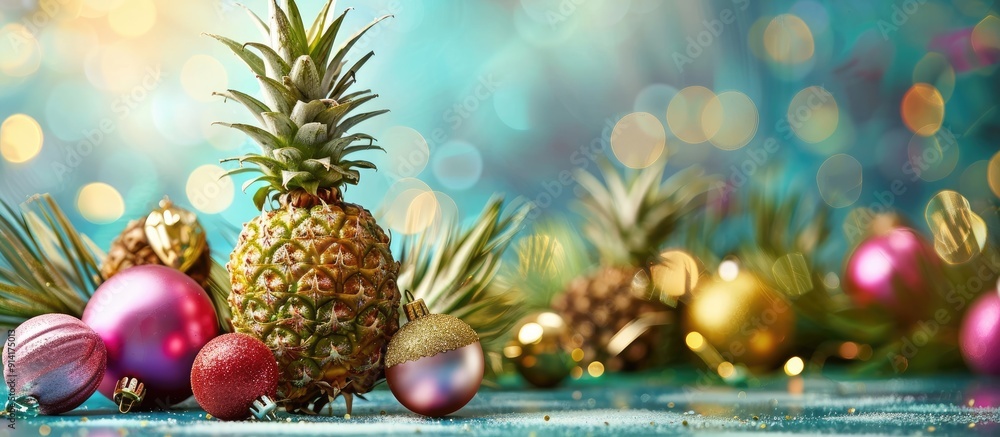 Leinwandbilder pineapple adorned with christmas ornaments on a studio backdrop with ample copy space image