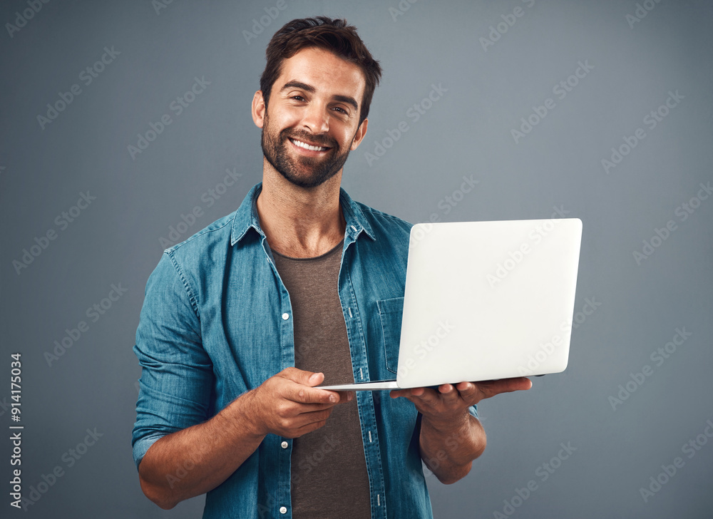 Poster laptop, portrait and man in studio with research for creative software with project development. hap