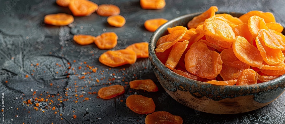 Poster sliced dried carrots make a healthy vegan snack option with ample copy space image potential