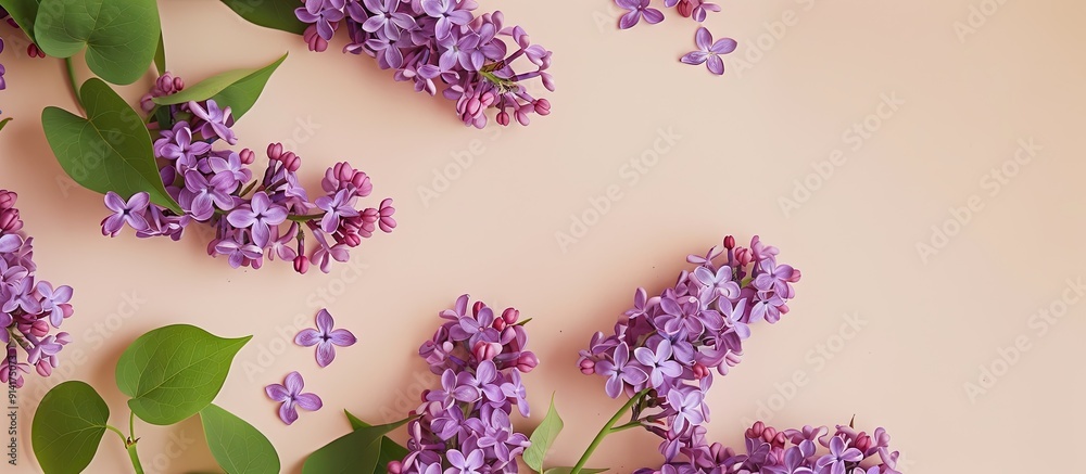 Aufkleber Floral lilac branch displayed as a flat lay with a close up view on a soft beige background offering copy space in a top view composition square