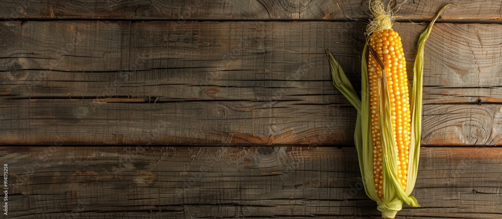 Aufkleber Top view of a fresh sweet corn cob in its natural husk on a wooden surface with empty space for adding images. Creative banner. Copyspace image