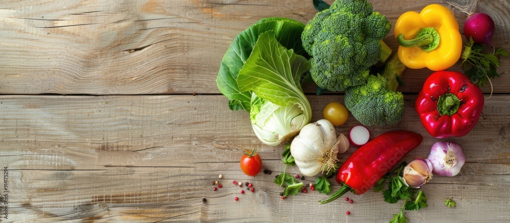 Poster vegetables like pepper cabbage broccoli radish and garlic arranged on a light wood background for a 
