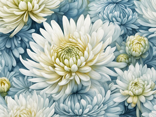 Obraz premium Floral Art. Chrysanthemum Blossoms Pattern. Delicate floral motifs in soft pastel tones with a soft-textured watercolor technique.
