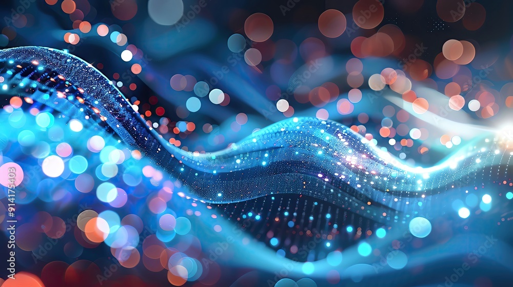 Poster vibrant abstract wave of light particles, showcasing colorful digital illumination and depth in a hi