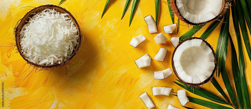 Poster top view of a sliced coconut with coconut pieces on a plate against a yellow backdrop featuring palm