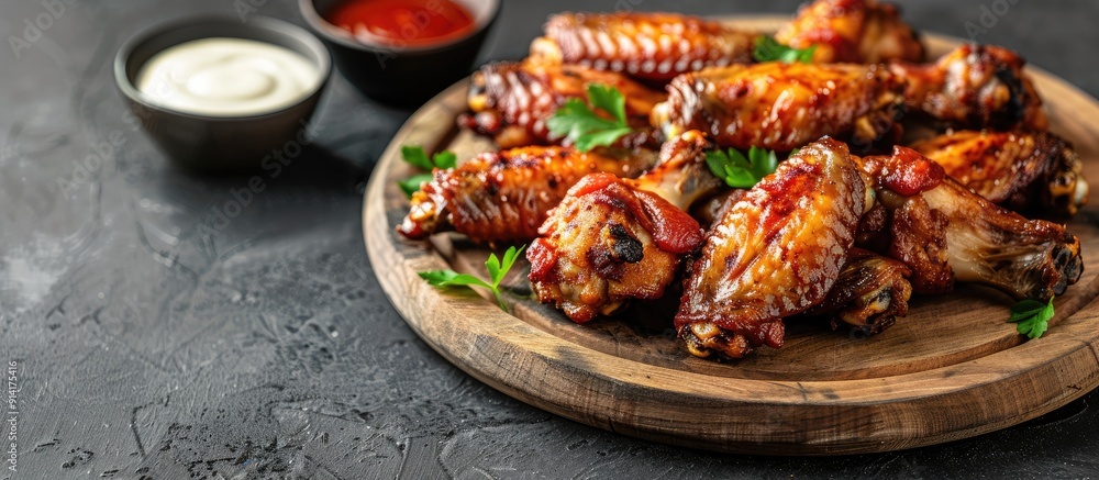 Poster hot fried chicken wings served as a snack on a wooden plate with ketchup and mayonnaise in a fast fo