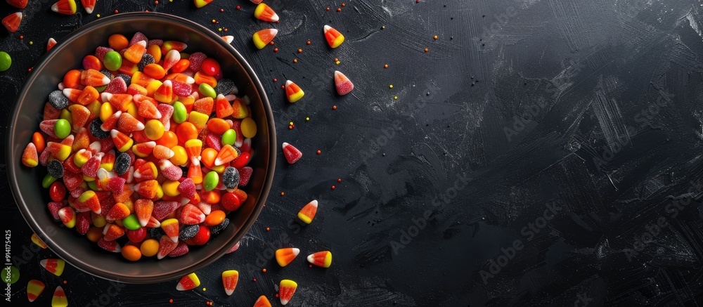 Poster a halloween themed bowl overflowing with candy viewed from above on a black background with ample co