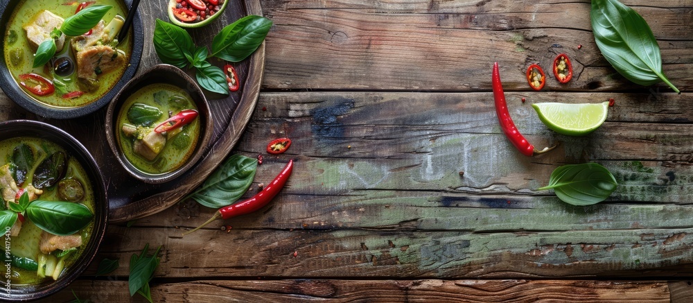 Aufkleber Green curry pork displayed on a rustic wooden table with ample copy space for text or image