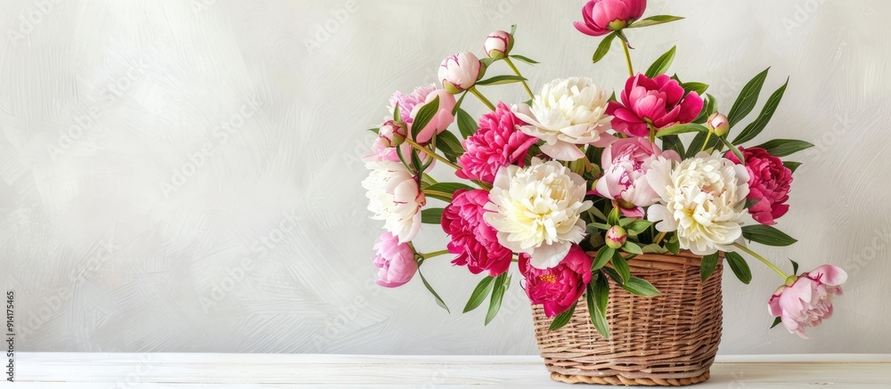 Poster Peonies arranged in a wicker basket on a white table with available copy space image