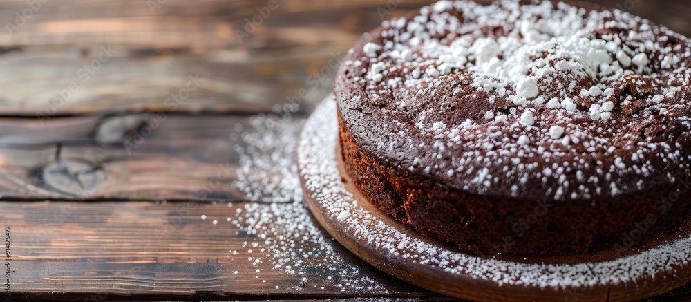 Poster Rustic chocolate cake topped with powdered sugar displayed on a wooden table with copy space image
