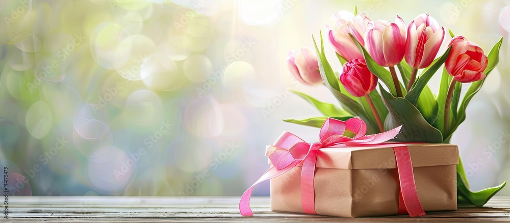 Leinwandbilder A Mother s Day greeting card with tulips and a gift displayed on a table accompanied by copy space for adding personalized text