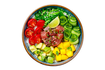 Raw organic ahi tuna poke bowl with rice and veggies isolated on white background,