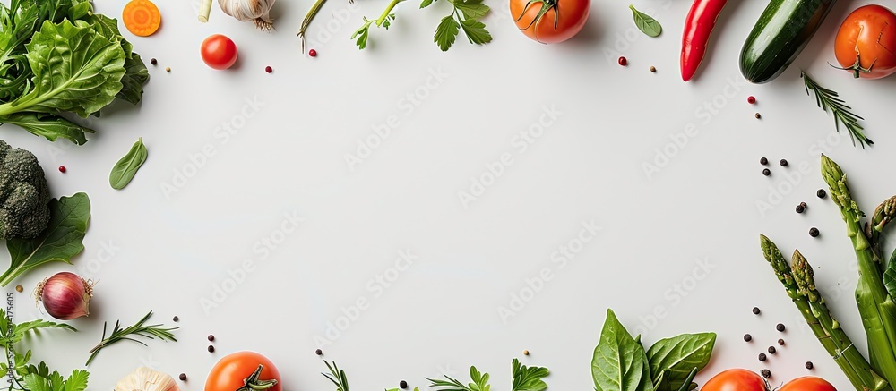 Poster Various fresh vegetables creating a frame on a white background suitable for copy space image