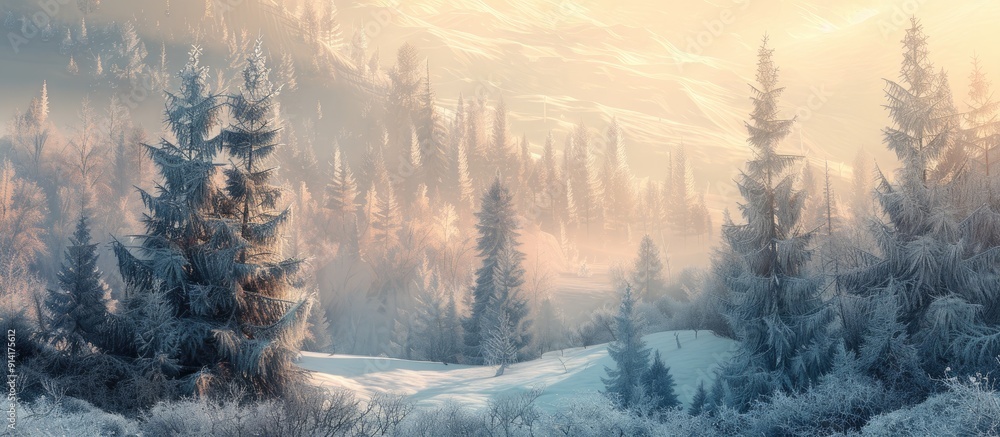 Poster winter landscape with frosty trees and a mountain view suitable for a copy space image