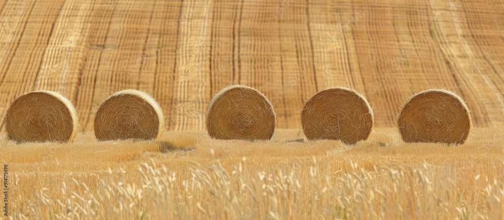 Aufkleber field with six circular straw bales perfect for a copy space image