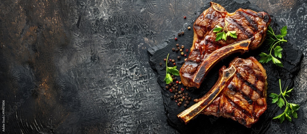 Aufkleber A grilled T bone steak displayed on a stone background with ample copy space for adding your text