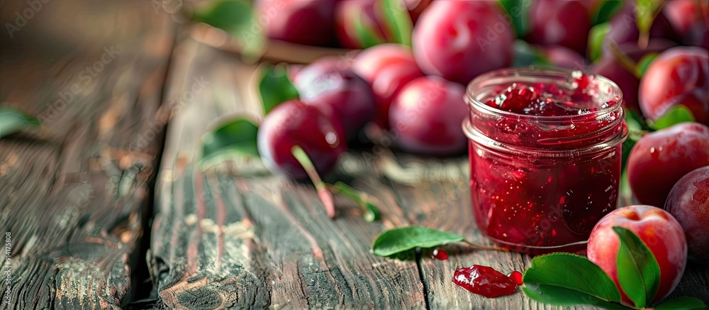 Aufkleber Wooden table with a glass jar of jam and ripe plums creating a rustic scene with copy space image