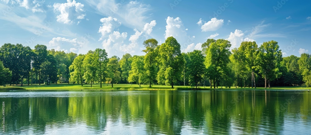 Poster a picturesque outdoor park with stunning trees set against a clear water foreground suitable as a ve