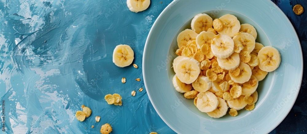 Poster sliced banana and corn flake on plate with copy space image