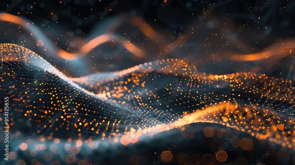 Poster vibrant abstract waves with glowing particles creating a mesmerizing digital landscape filled with e