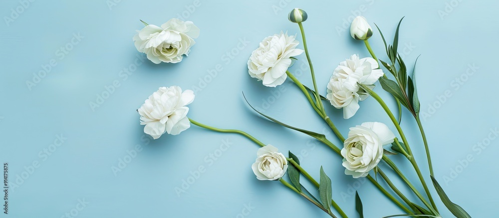 Fototapete Flat lay of lovely Eustoma flowers on a soft blue backdrop ideal for adding text with copy space image