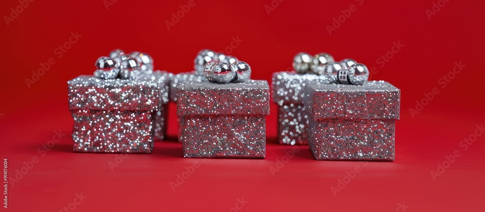 Poster four glistening gift boxes with silver ornaments against a vibrant red backdrop encapsulating the es