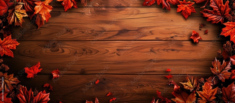 Leinwandbilder top view of a vintage wooden table with a frame of autumn leaves on the left side providing a copy s