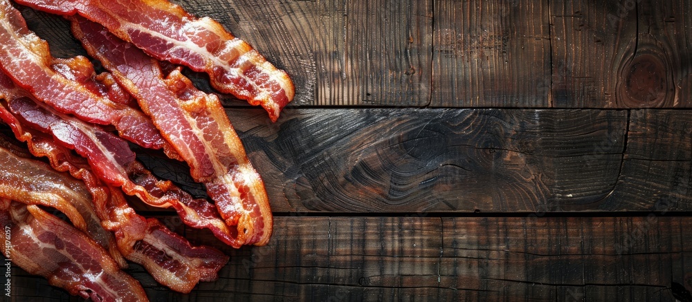 Aufkleber Fresh bacon strips displayed on a rustic table with a top view creating a mouth watering copy space image for a delicious snack