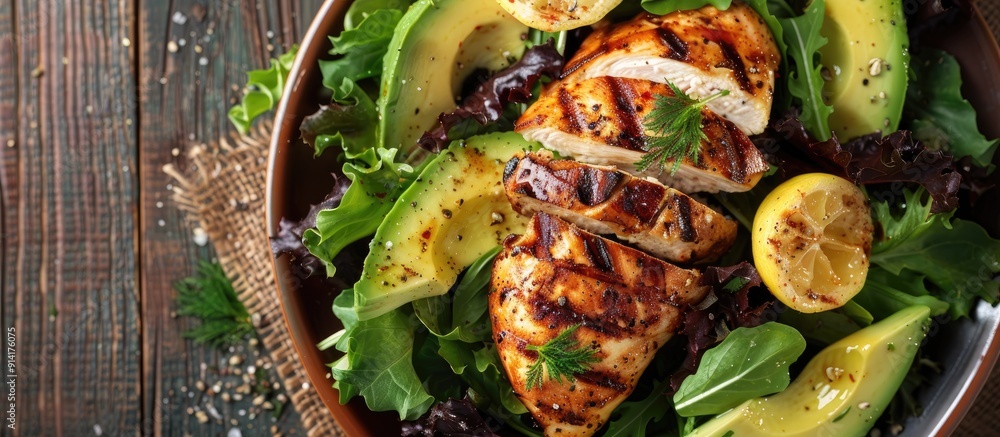 Aufkleber salad featuring grilled chicken avocado and dijon lemon dressing copy space image
