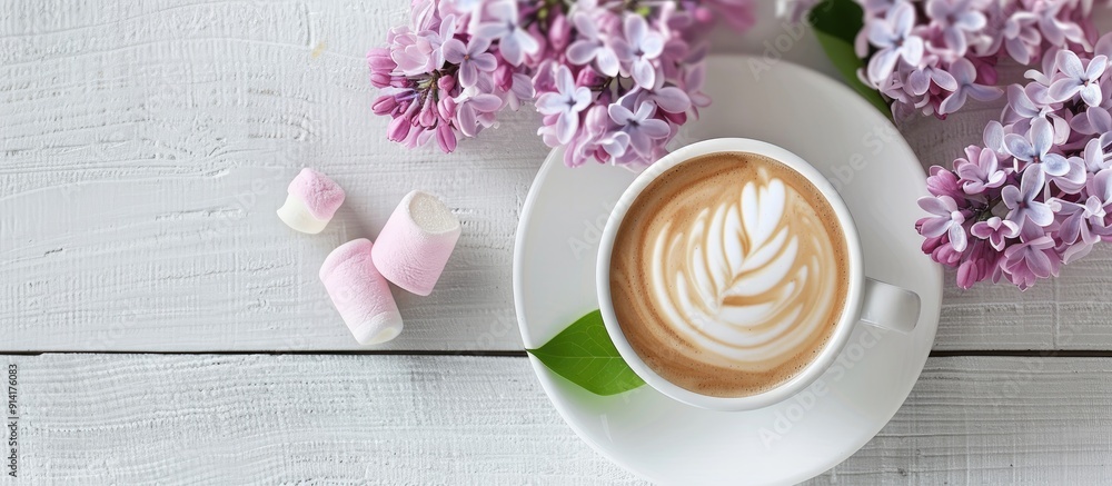 Poster romantic morning vibes captured in a flat lay arrangement showcasing a lilac a latte art adorned cof