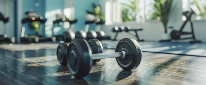 black barbell with weights on floor and collars in dramatic lighting in gym.