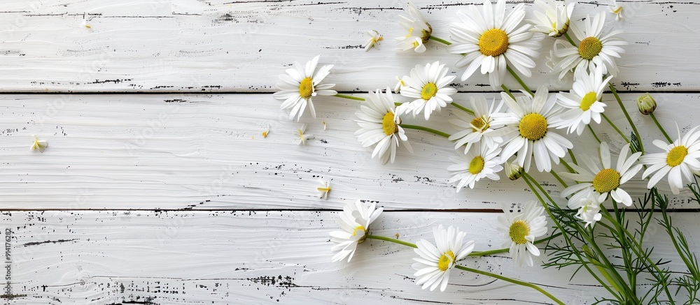 Poster mother s day greeting displayed with miniature daisies or bellium minutum on a white plank backgroun