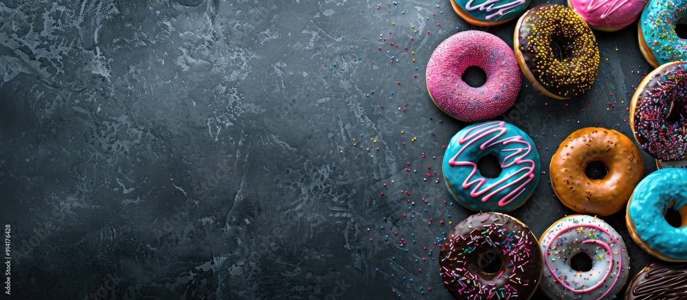 Aufkleber A variety of vibrant donuts displayed on a stone surface viewed from above with an empty area for text or images. Creative banner. Copyspace image