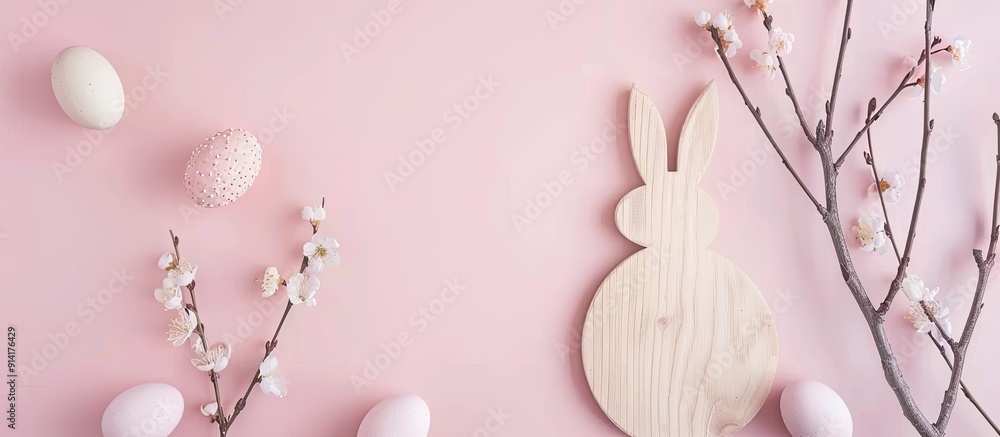 Aufkleber Flat lay view of Easter decorations with a wooden rabbit and willow branch placed on a soft pastel pink background featuring copy space image