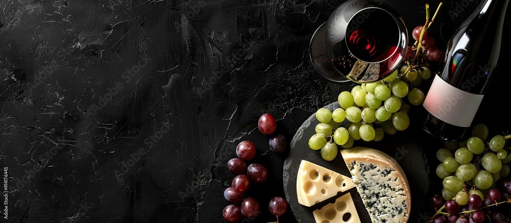 Poster Red Wine Flight complemented by cheese and grapes on a black backdrop featuring a copy space image