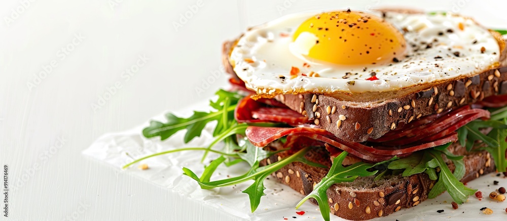 Poster sandwich with salami arugula cheese and egg on rye bread on a white background for toning with copy 