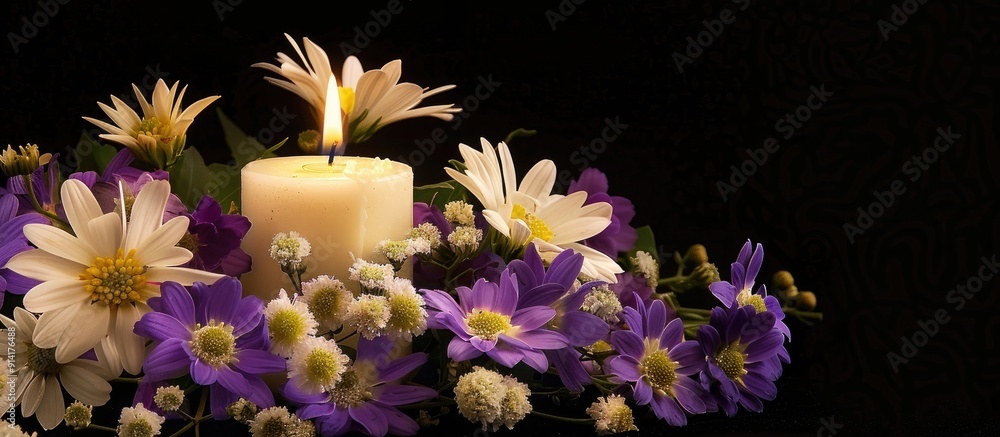 Aufkleber purple and white flowers arranged with a glowing white candle symbolizing sympathy and condolences s
