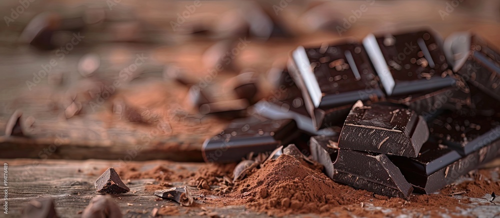 Poster Selective focus on dark chocolate cocoa solids and cocoa powder against a wooden backdrop in a copy space image